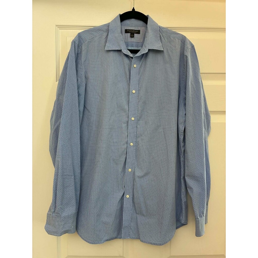 Banana Republic Men's L Slim Fit Blue Micro Check‎ Button Down Shirt Cotton